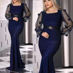 پیراهن مهمانی زنانه حریر مدل ماکسی لمه همراه کمربند چرم