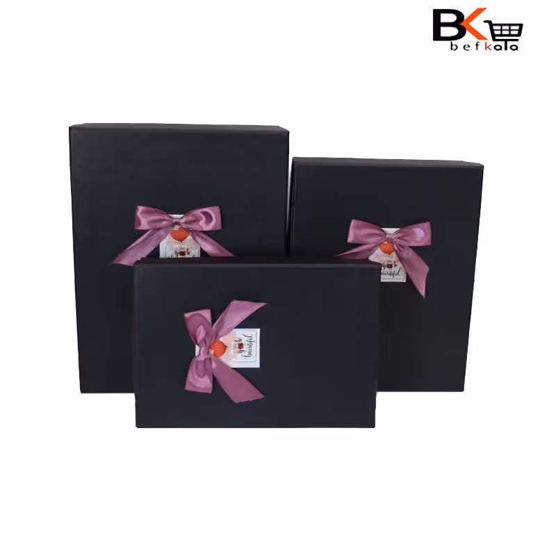 باکس کادویی مستطیلی ساده مشکی پاپیون دار سایز متوسط کد 39 پک کامل 