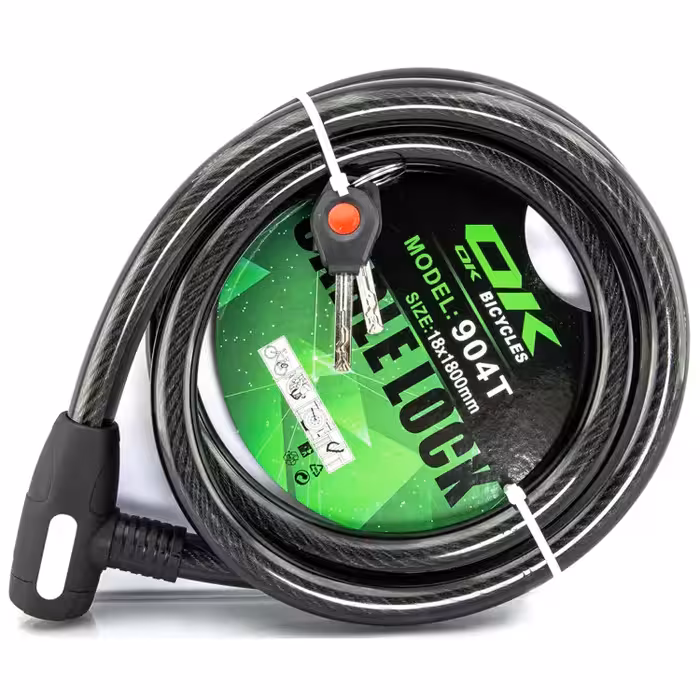 قفل کابلی سیم بکسلی کلیدی دوچرخه برند اوکی مدل 904 تی سایز 18 با طول 1800 میلیمتر Cable Lock Bicycle Brand Ok Size 18x1800 mm Model 904T Black