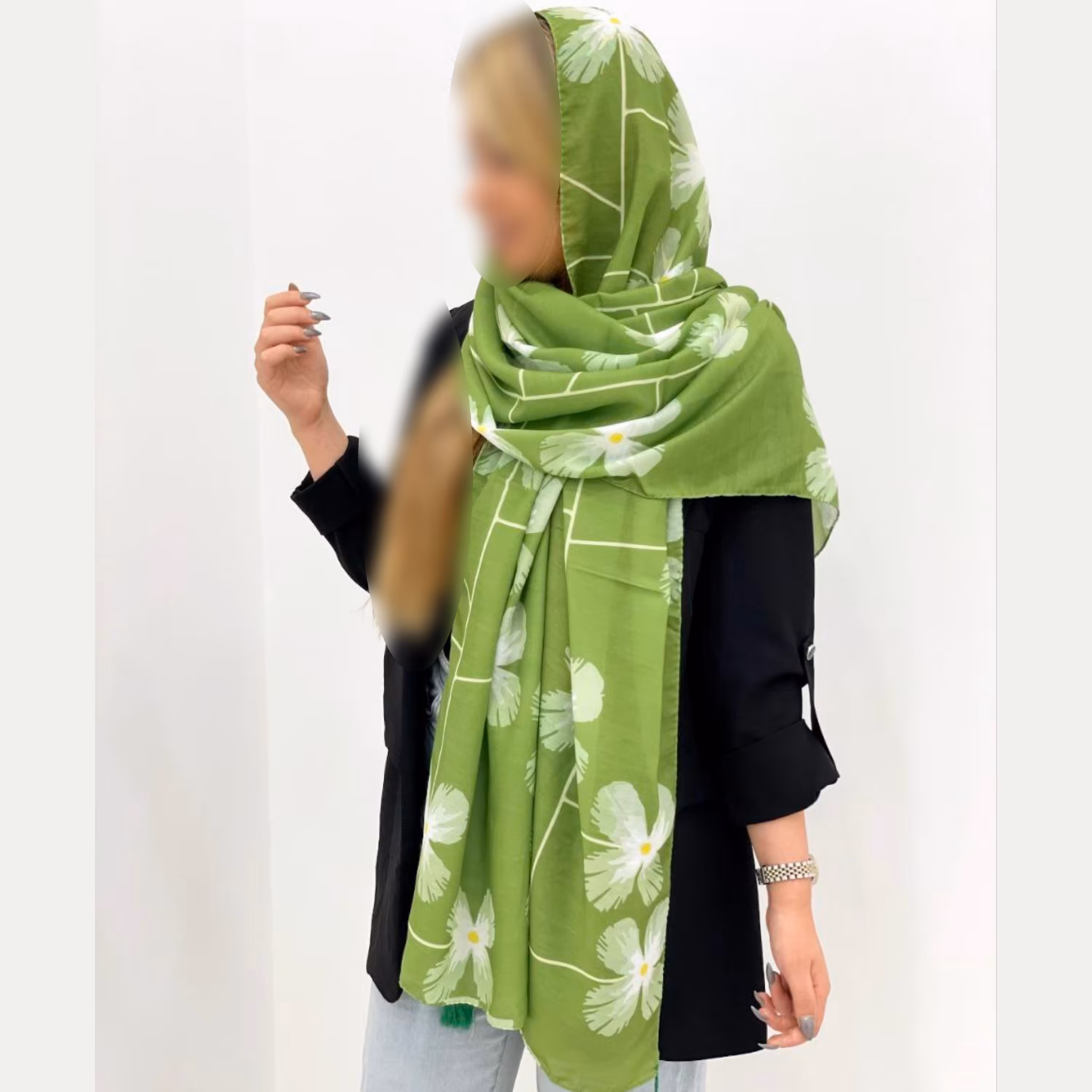 شال سبز چمنی نخی تک رو تک رنگ طرح گل