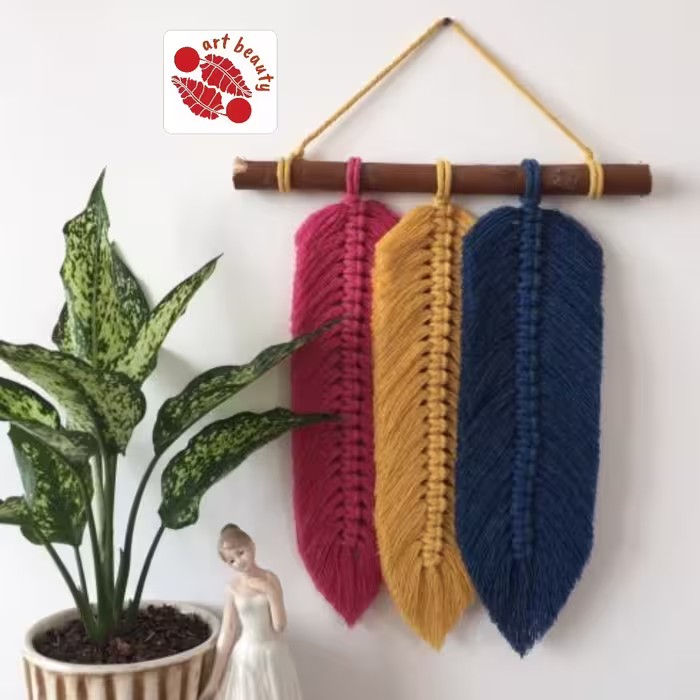 دیوارکوب مکرومه بافی طرح برگ دکوراتیو  