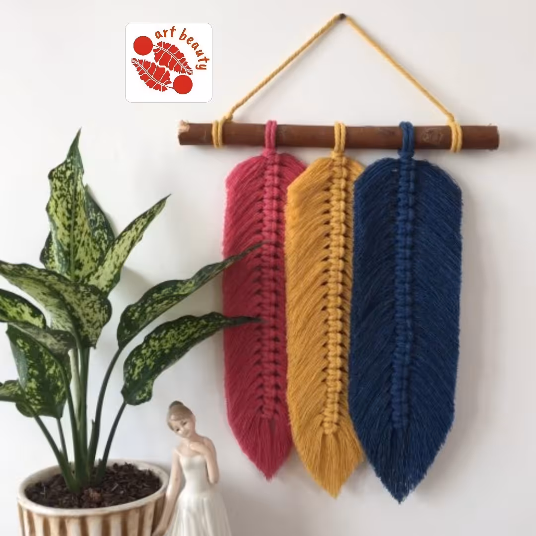 دیوارکوب مکرومه بافی طرح برگ دکوراتیو  