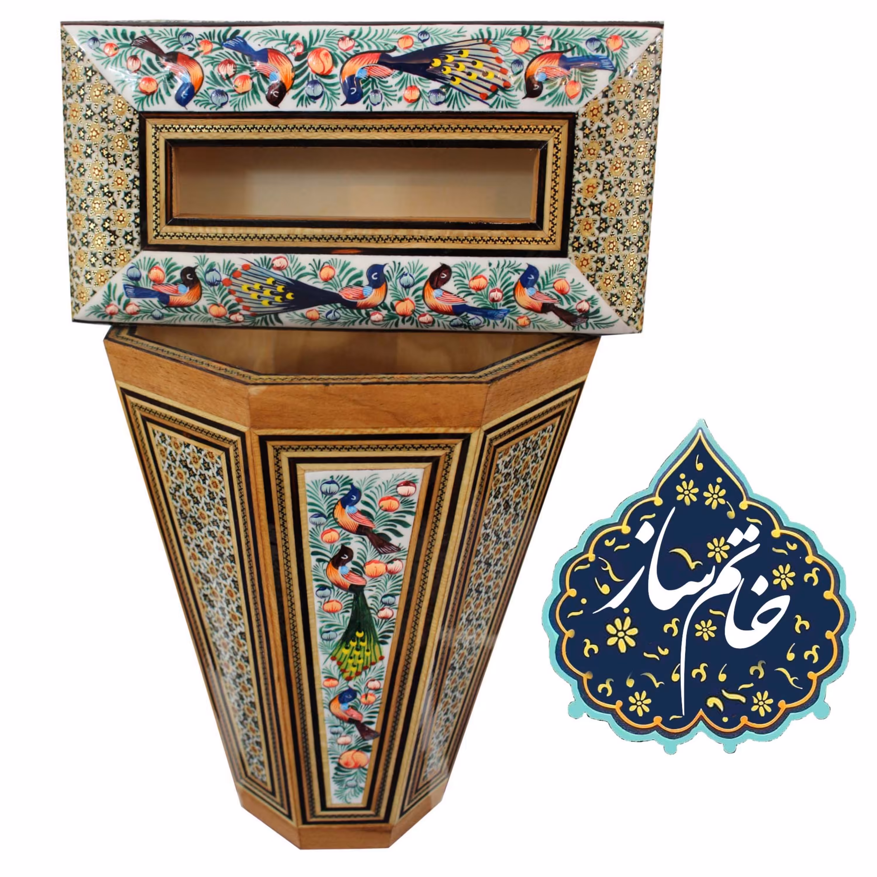 ست جعبه دستمال کاغذی + سطل خاتم با نقاشی گل و مرغ