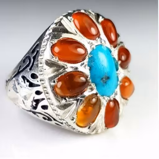 انگشتر جواهری 9 نگینه شاه نگین فیروزه کرمان و مخراج عقیق ابلیق یمنی وزن انگشتر 11/5 گرم