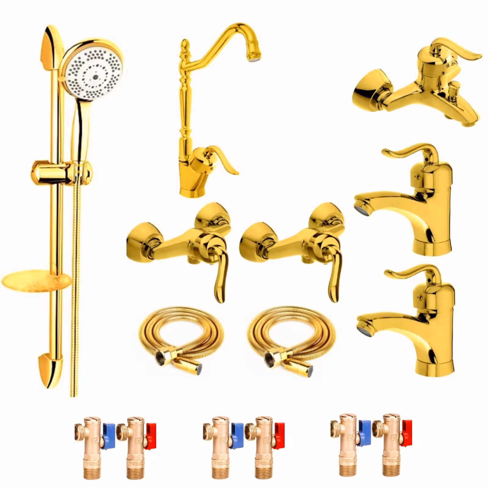 ست شیرالات رز مدل بیزانس مکس مجموعه 15 عددی طلایی به همراه علم دوش حمام و شلنگ توالت و شیر های پیسوار 
