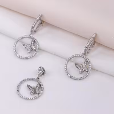 نیم ست پروانه ای نقره عیار 925 طرح طلا سفید کد 16370