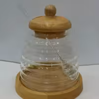 عسل خوری  شیشه ای با درب و پایه چوب بامبو