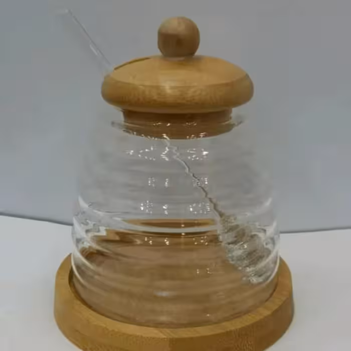 عسل خوری  شیشه ای با درب و پایه چوب بامبو