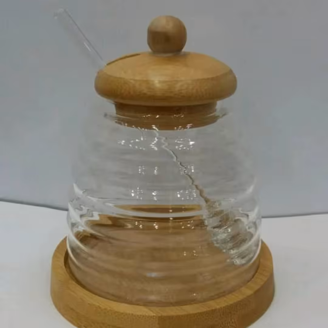 عسل خوری  شیشه ای با درب و پایه چوب بامبو