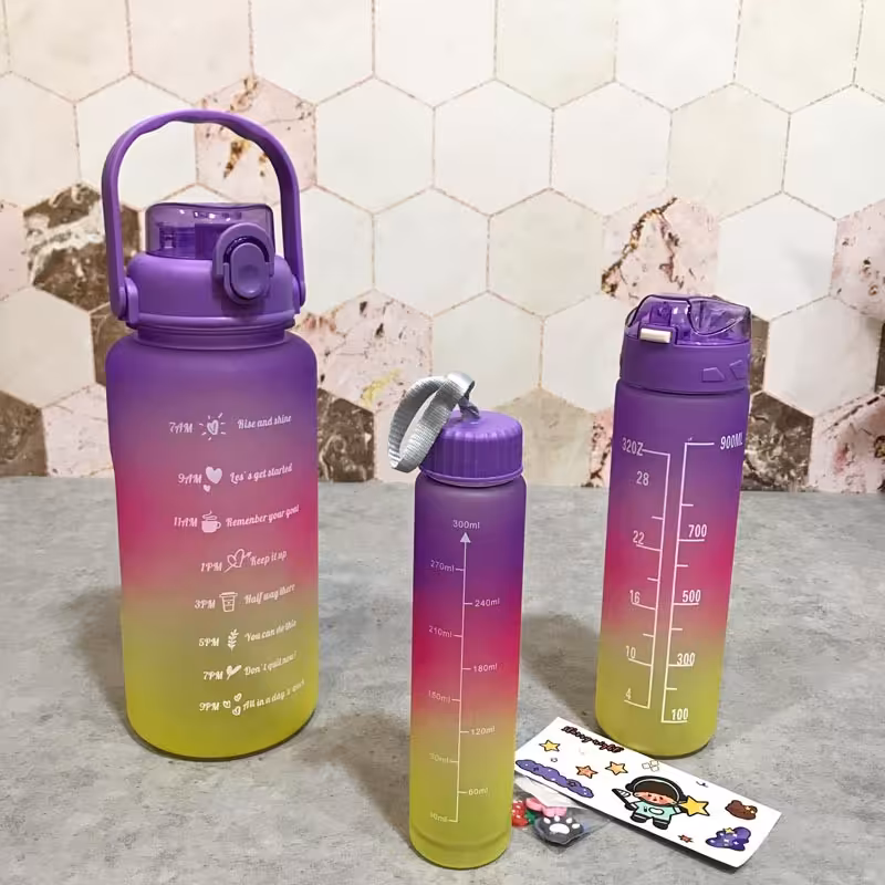 قمقمه 3 قلو ضامندار نی دار حجم 2 لیتری رنگ بنفش سرخابی لیمویی