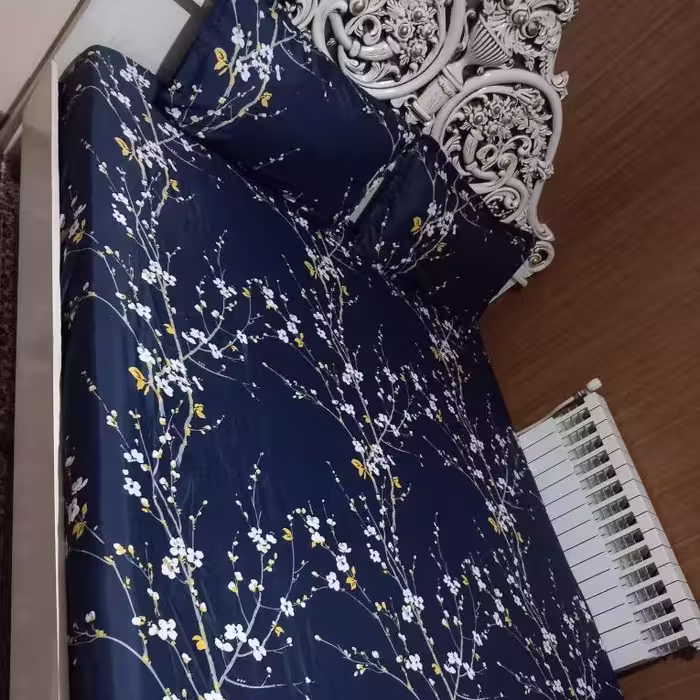 روتختی کشدوزی تخت دونفره طرح نیم ست خوشخواب  شکوفه سرمه ای 