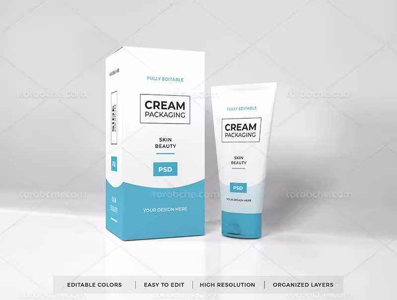 موکاپ PSD تیوپ کرم و جعبه لایه باز | گرافیک با طعم تربچه
