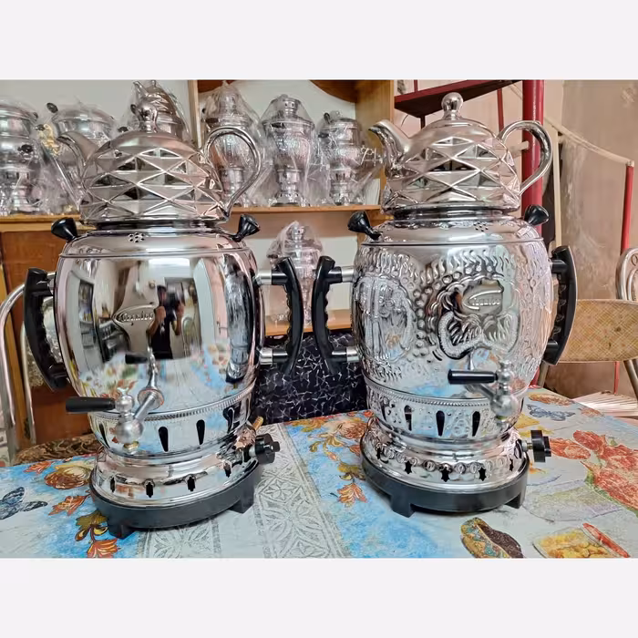 سماورگازی برنجی 6لیتری سه کاره سه تیکه مدل اپولون با قوری سه طرح