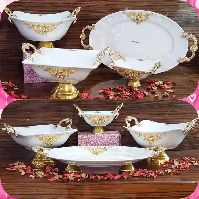 سرویس پذیرایی چهار تکه پایه طرح برنزی دسته دار 