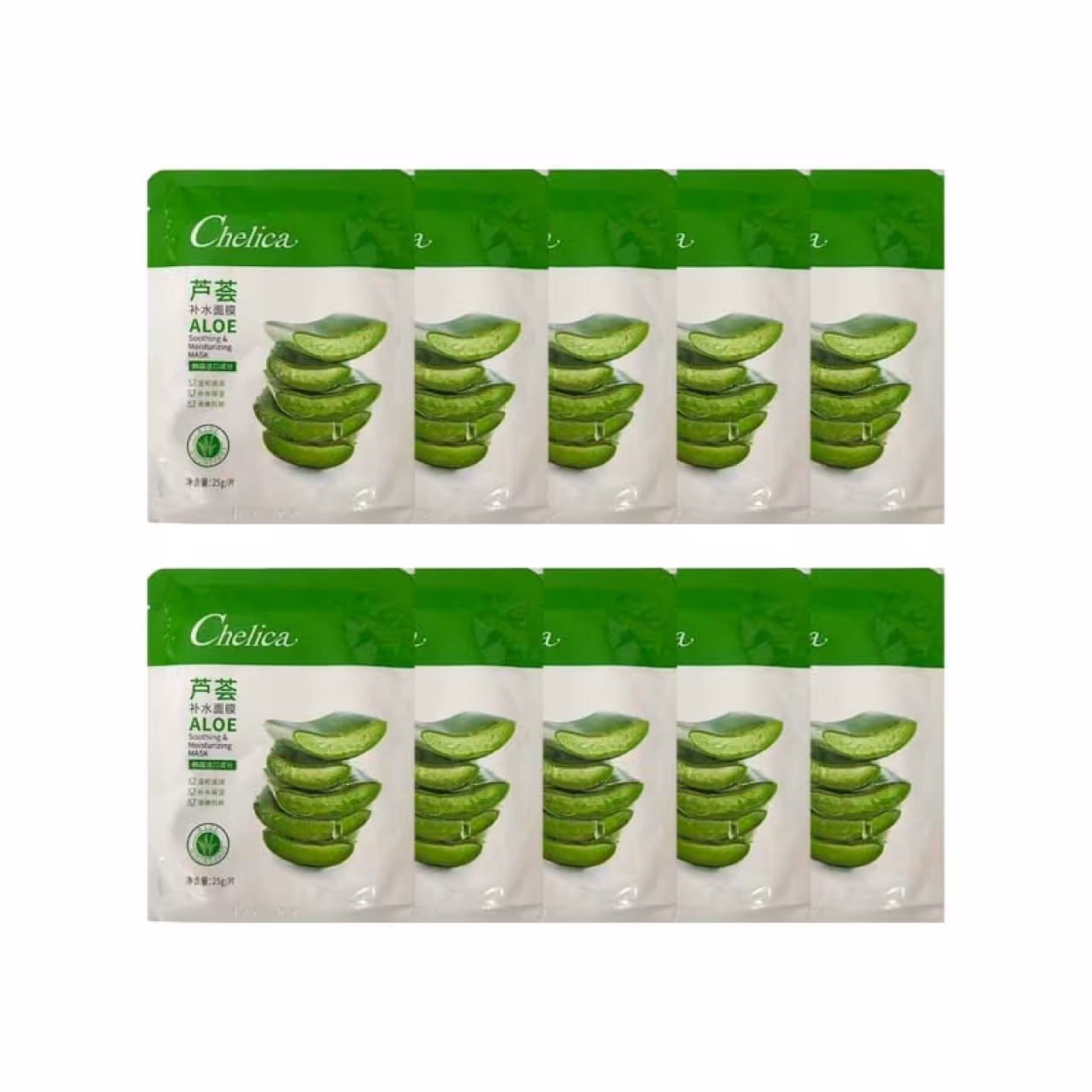 ماسک ورقه ای آبرسان و ترمیم کننده آلوئه ورا مدل چلیکا حجم 230 گرمی پک 10 عددی