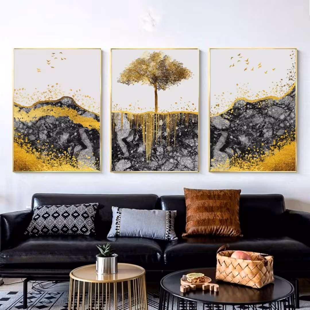 تابلو دکوراتیو فانتزی تک درخت طلایی سه تکه 