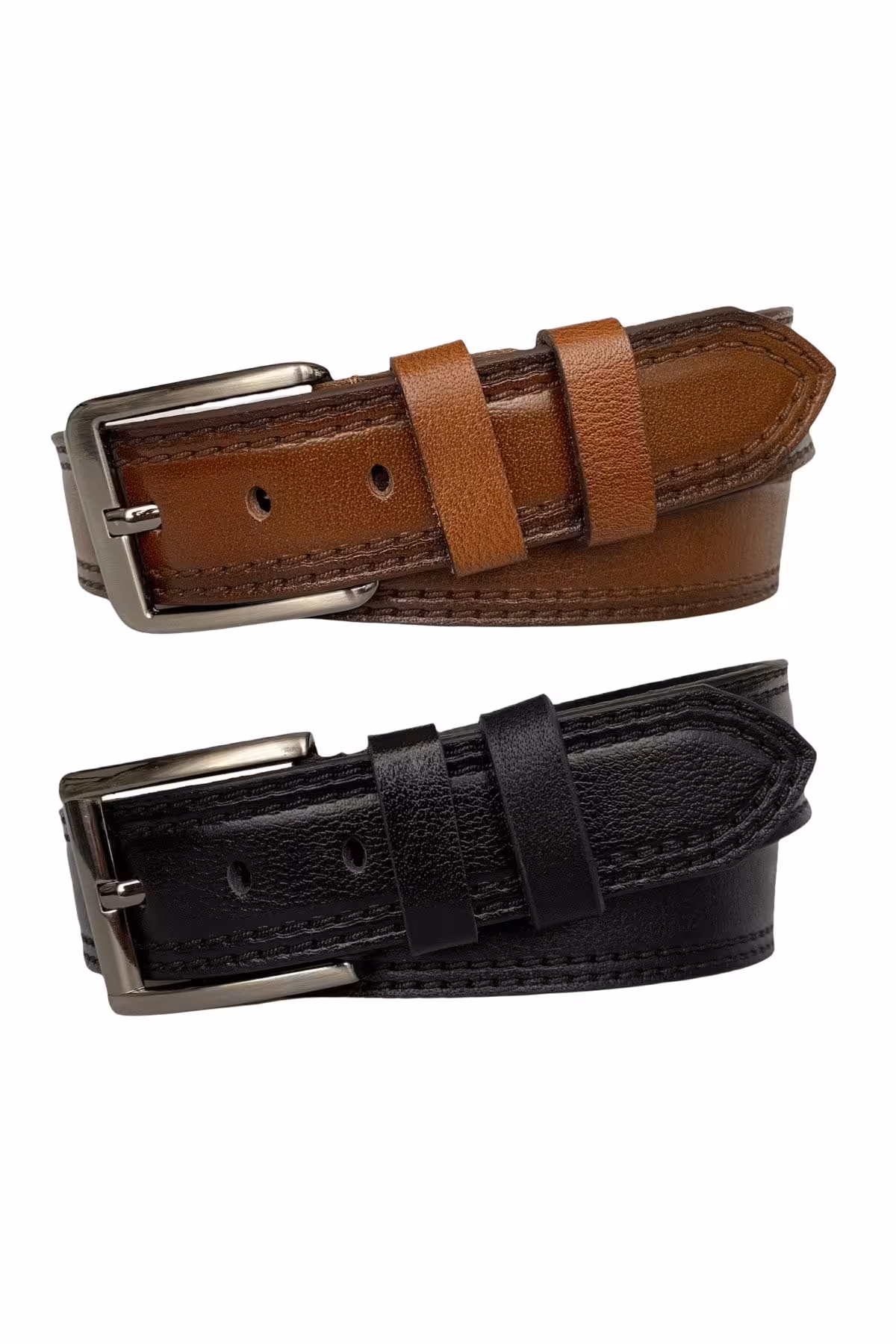 کمربند چند رنگ مردانه و زنانه ست پرمیوم 2 عددی اسپرت جین قهوه ای مشکی 4.5 سانتی متری چاپ طرح دار دوخت چرم اصل GoDeri