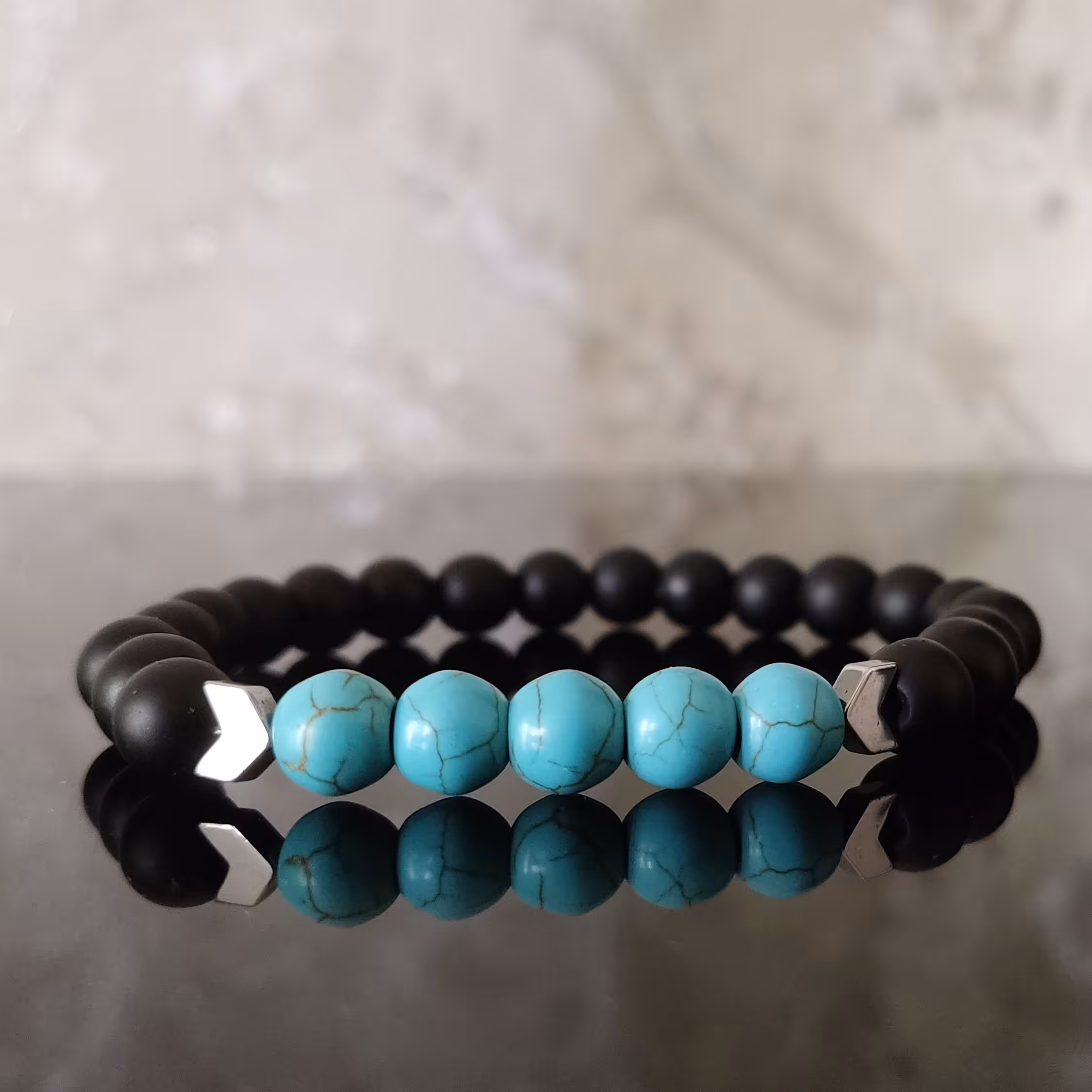 دستبند سنگ اونیکس مشکی مات فیروزه و هماتیت مردانه و زنانه 