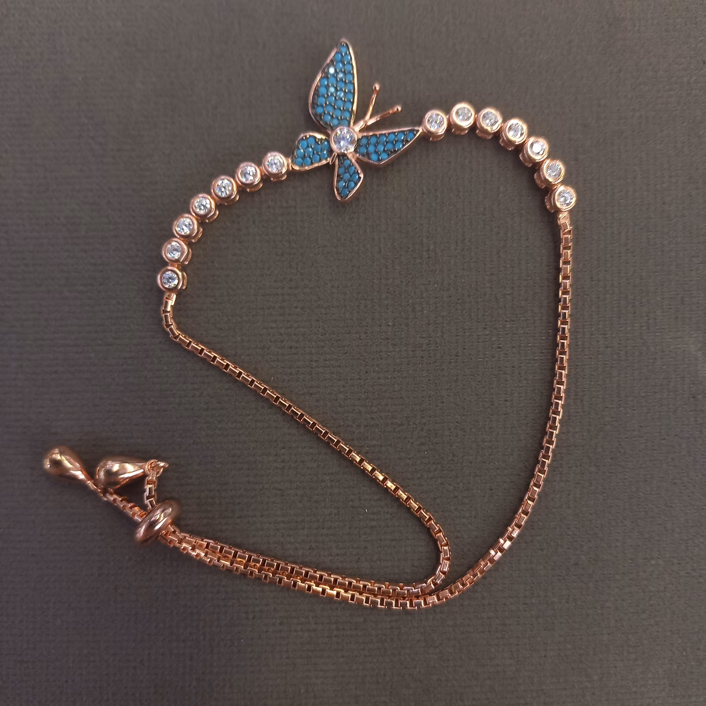 دستنبند کرواتی یا اسانسوری نقره 925 طرح پروانه همراه با روکش رزگلد وارداتی 