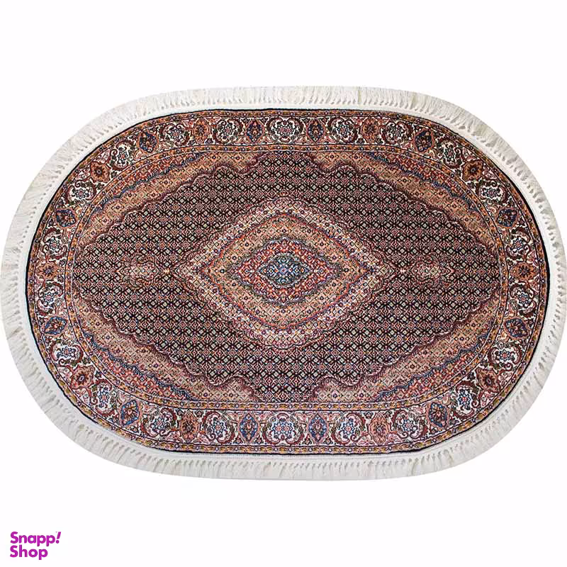 فرش ماشینی مدل بیضی طرح ریزماهی رنگ سرمه ای