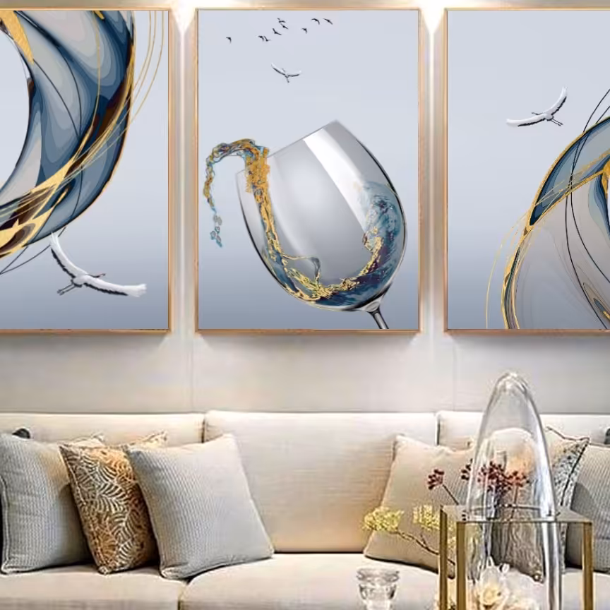 تابلو دکوراتیو جام وپرنده طلایی و آبی  سه تکه60در 40