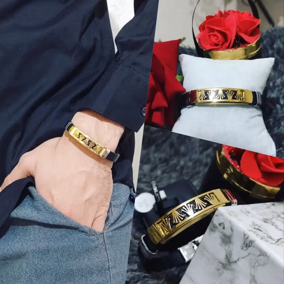 دستبند چرمی رولکس طلایی 