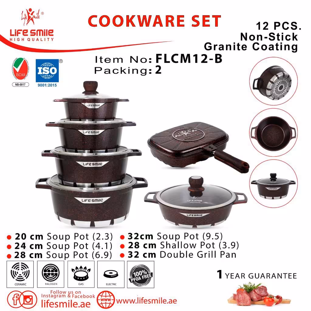 سرویس پخت و پز 12 پارچه لایف اسمایل مدل FLCM12 ، سرویس قابلمه دوازده پارچ لایف اسمایل ، سرویس قابلمه 12 پارچ 
LIFE SMILE