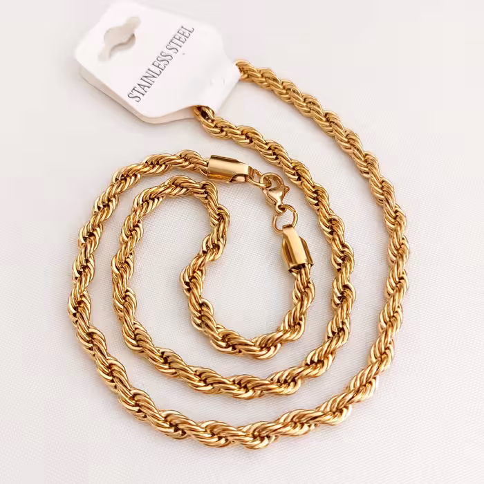 زنجیر طنابی پهن استیل درجه یک  رنگ ثابت و طرح طلا