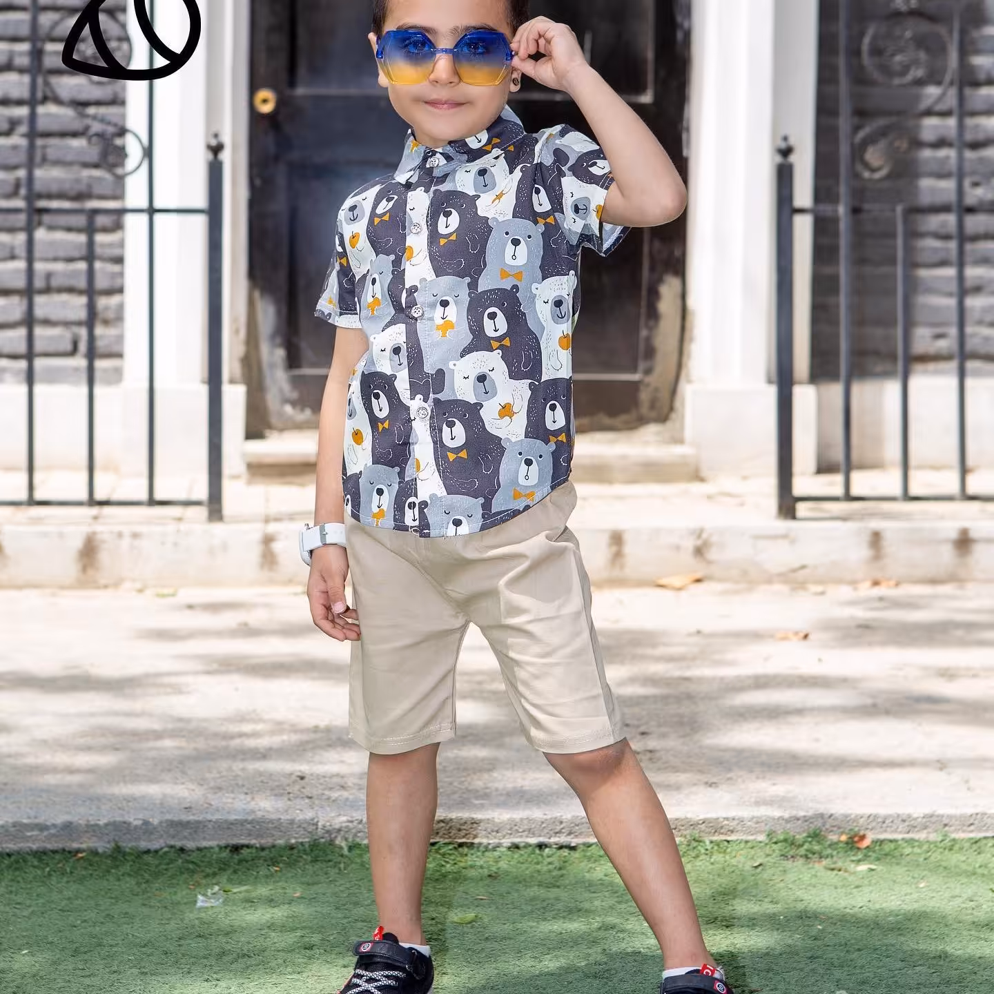 ست پیراهن شلوارک خرسی تابستانه پسرانه خنک وارداتی مناسب1تا4 سال طوسی