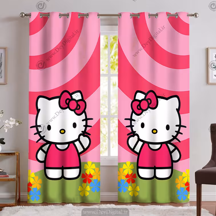 خرید پرده چاپی دخترانه طرح کیتی گربه‌ی عروسکی