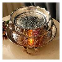 مجمه مسی لبه بلند طرحدار- سایز سه ( قطر 30) - گوشواره دار ( دسته دار  ) - پایه دار - نانو شده - فروشگاه رایا مس زنجان