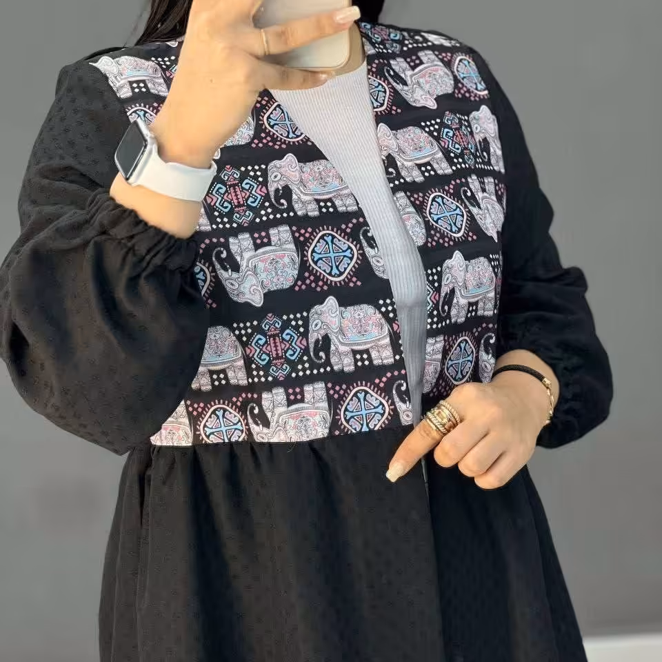 ژاگارد طرح دار  بلند رنگ ابی . مشکی . گلبهی فری سایز تا 46  قد 120