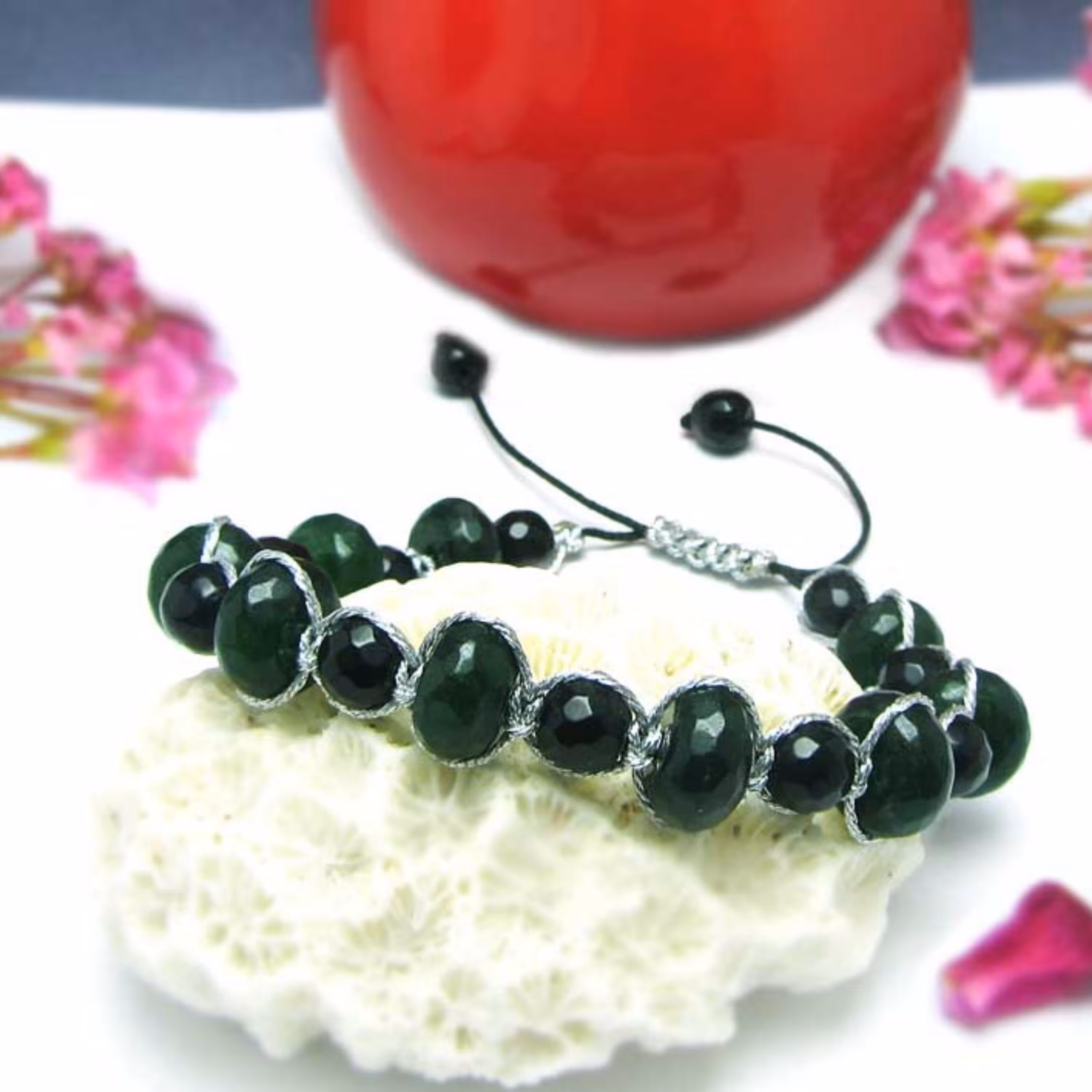 دستبند بافت یشم سبز و عقیق سیاه کد 1625