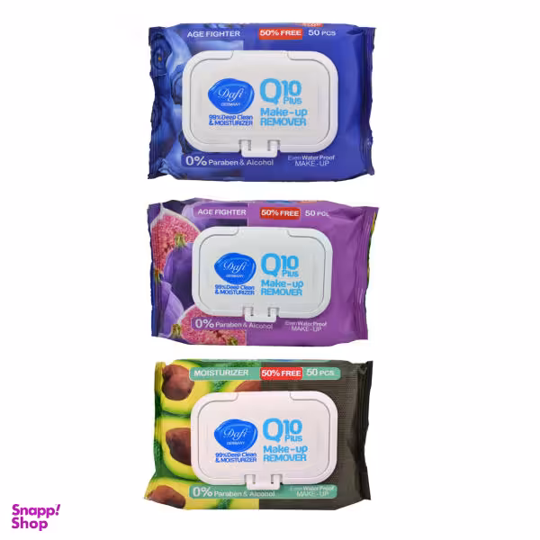 دستمال مرطوب آرایشی دافی (Dafi) مدل Q10 Fruit بسته 50 عددی مجموعه 3 عددی