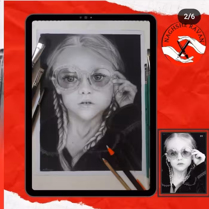 طراحی چهره سیاهقلم سایز a4 (20در30) دختر بچه  روی مقوا الر فابریانو 220 گرم 