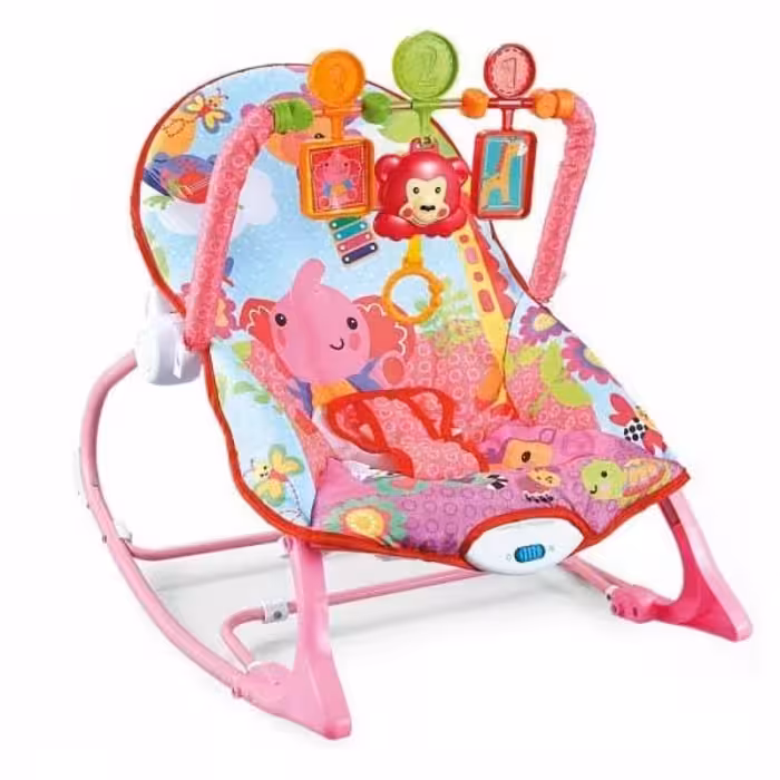 نی نی لای لای ( راکر کودک )  موزیکال دو کاره طرح فیل زرافه صورتی HU baby 