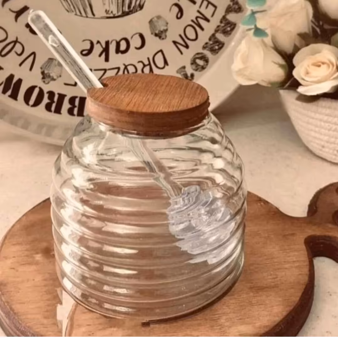 ظرف عسل با قاشق و درب بامبو