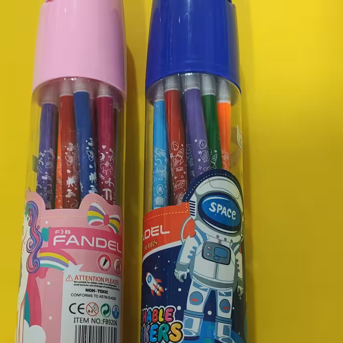 ماژیک نقاشی 12رنگ استوانه ای فندل  . قابل استفاده روی تخته وایت برد.بسیار باکیفیت 