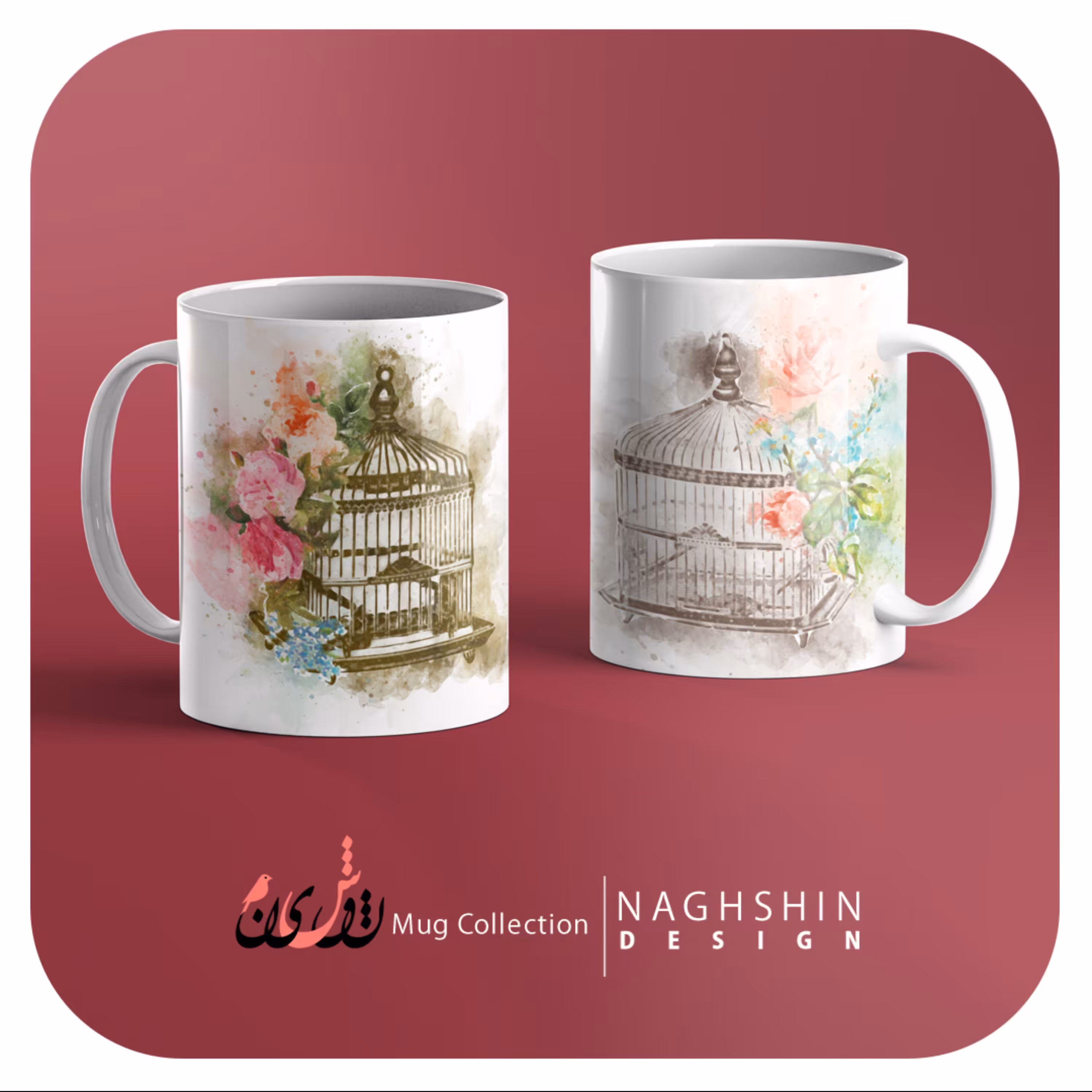 دو عدد ماگ سرامیکی طرح گل و قفس (مجموعه دو عددی)- چاپ سابلیمیشن - کیفیت عالی