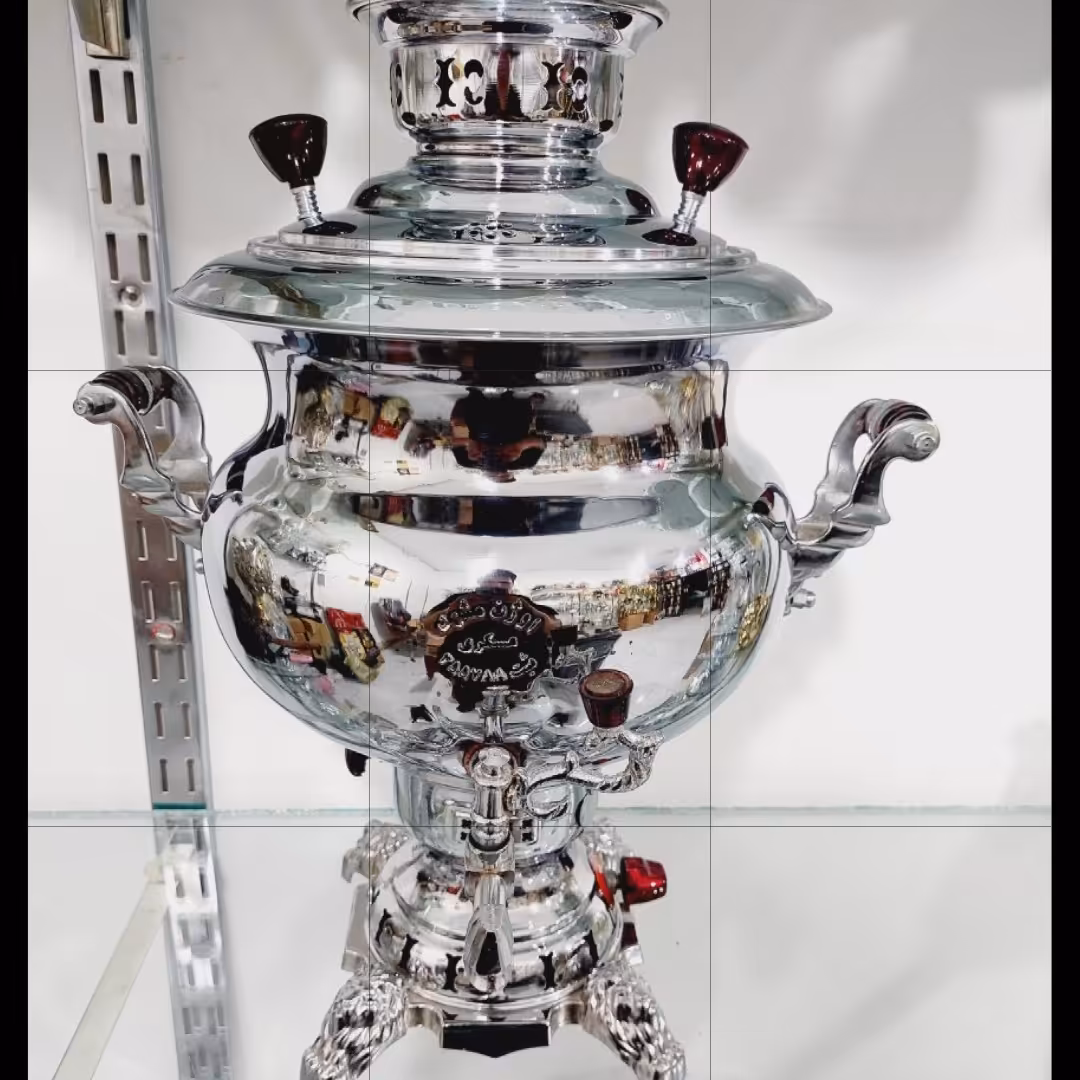 سماور 8لیتری مهسان گازی لبه دار ورق ضخیم برنجی با پوشش آبکاری نیکل کرم از تولید ب مصرف 