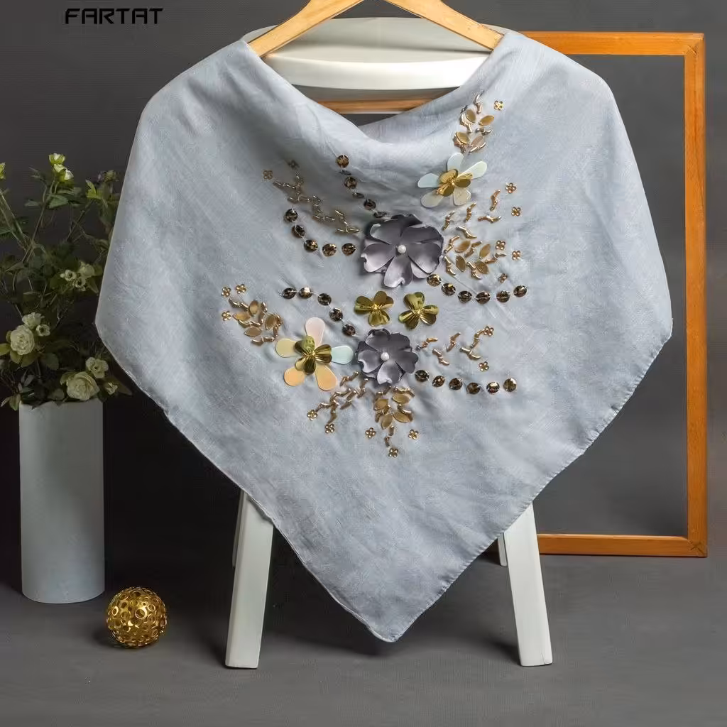 روسری نخی اسلپ مزونی گل گلی رنگ طوسی روشن ارسال رایگان 