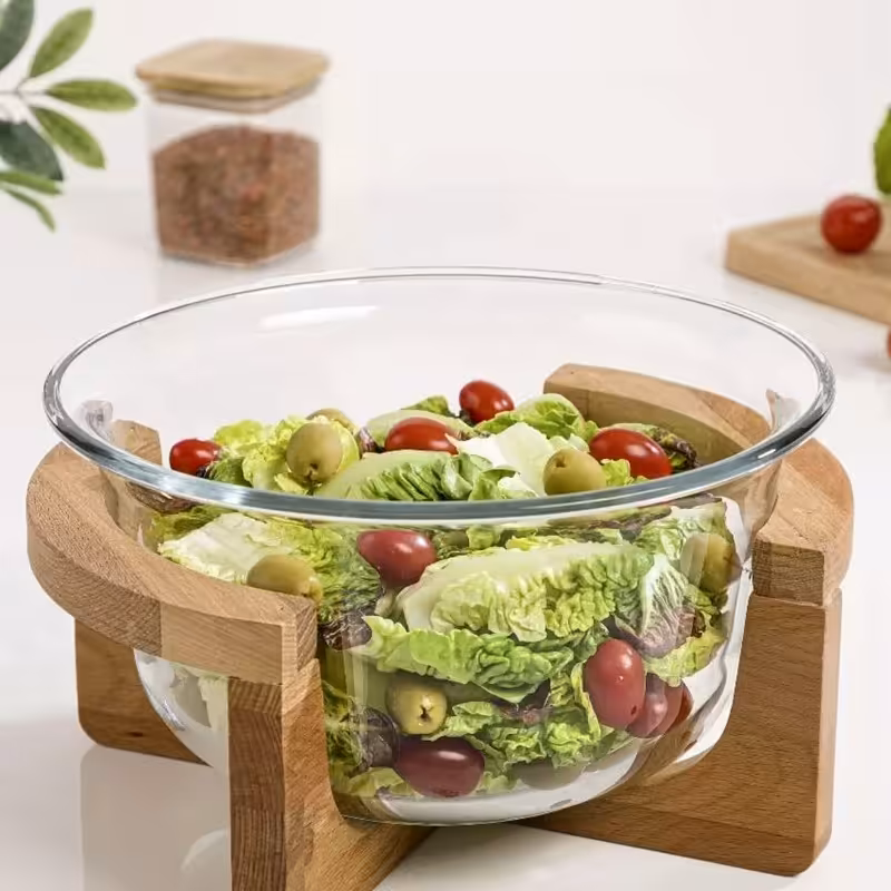 کاسه سرو گرد ظرفیت 3 لیتری شیشه ای پایه چوبی لیمون (limon)