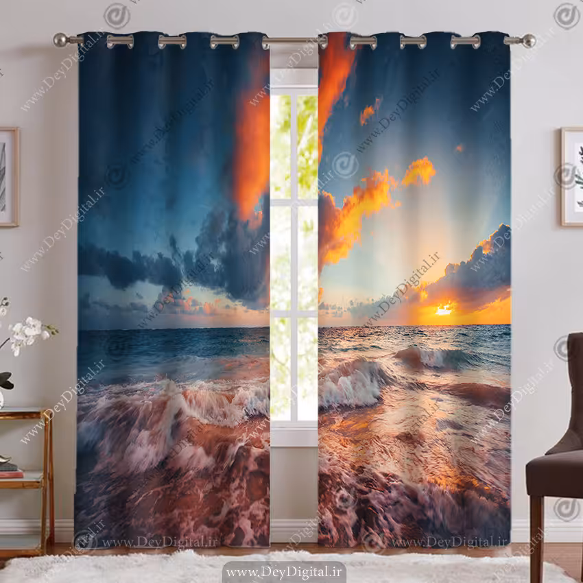 پرده پانچی آسمان ابری و امواج ساحل PK-5441