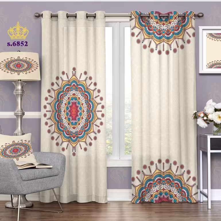 پرده پذیرایی دو قواره پانچ اسلیمی طرح شمسه رنگ آمیزی کد S6852