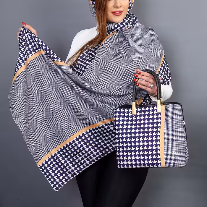 ست کیف مخمل جیر و شال نخیی سرمه ای زرد برند زیزی ارسال رایگان به سراسر کشور 