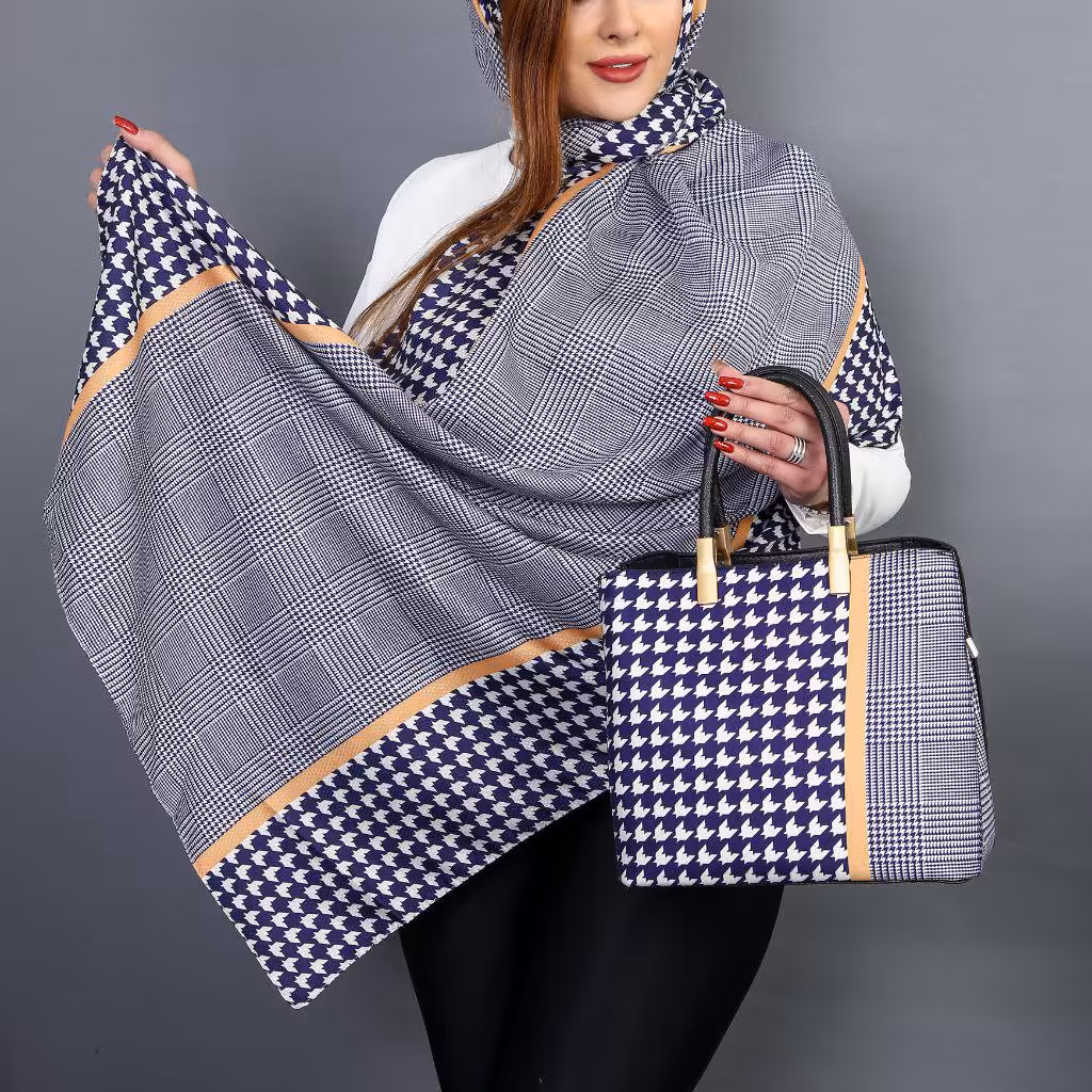 ست کیف مخمل جیر و شال نخیی سرمه ای زرد برند زیزی ارسال رایگان به سراسر کشور 