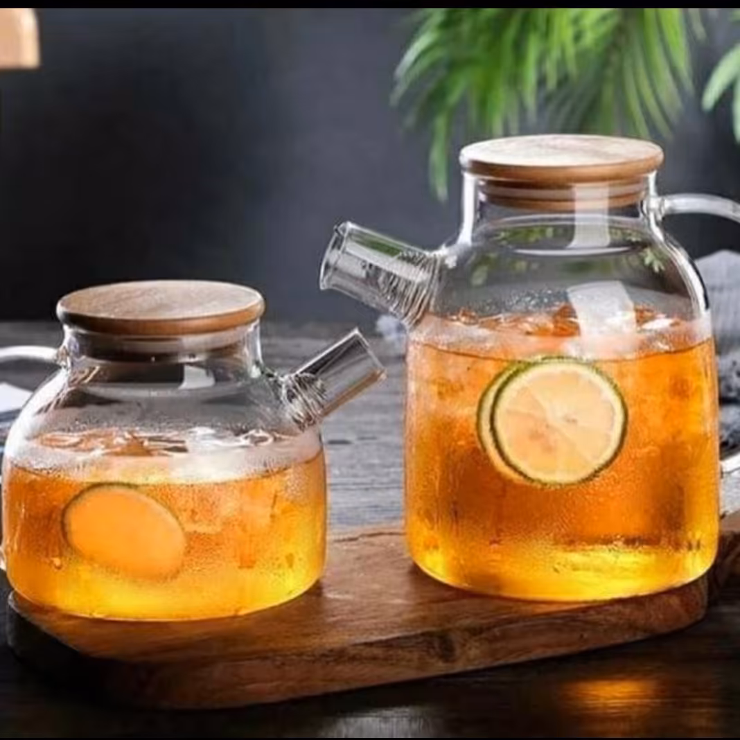 قوری پیرکس شعله مستقیم درب بامبو زیره درب استیل دو عددی حجم 1 لیتری و یک و هشت  لیتری  با کیفیت عالی 