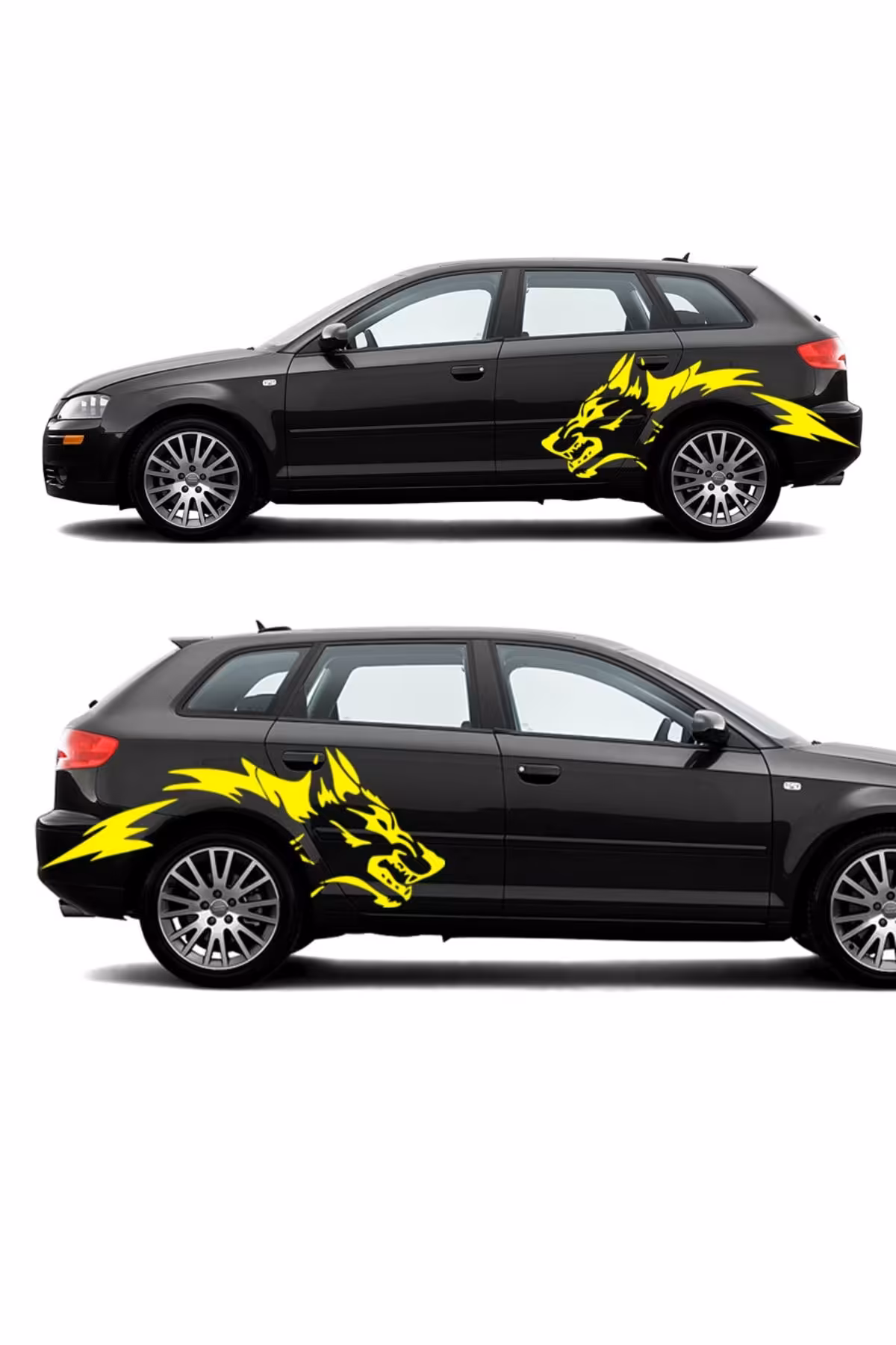 برچسب آرم و نوار شبرنگ زرد بدنه جانبی گرگ 120 X 44 سانتی متر در ماشین FENDER Melek Pazarı