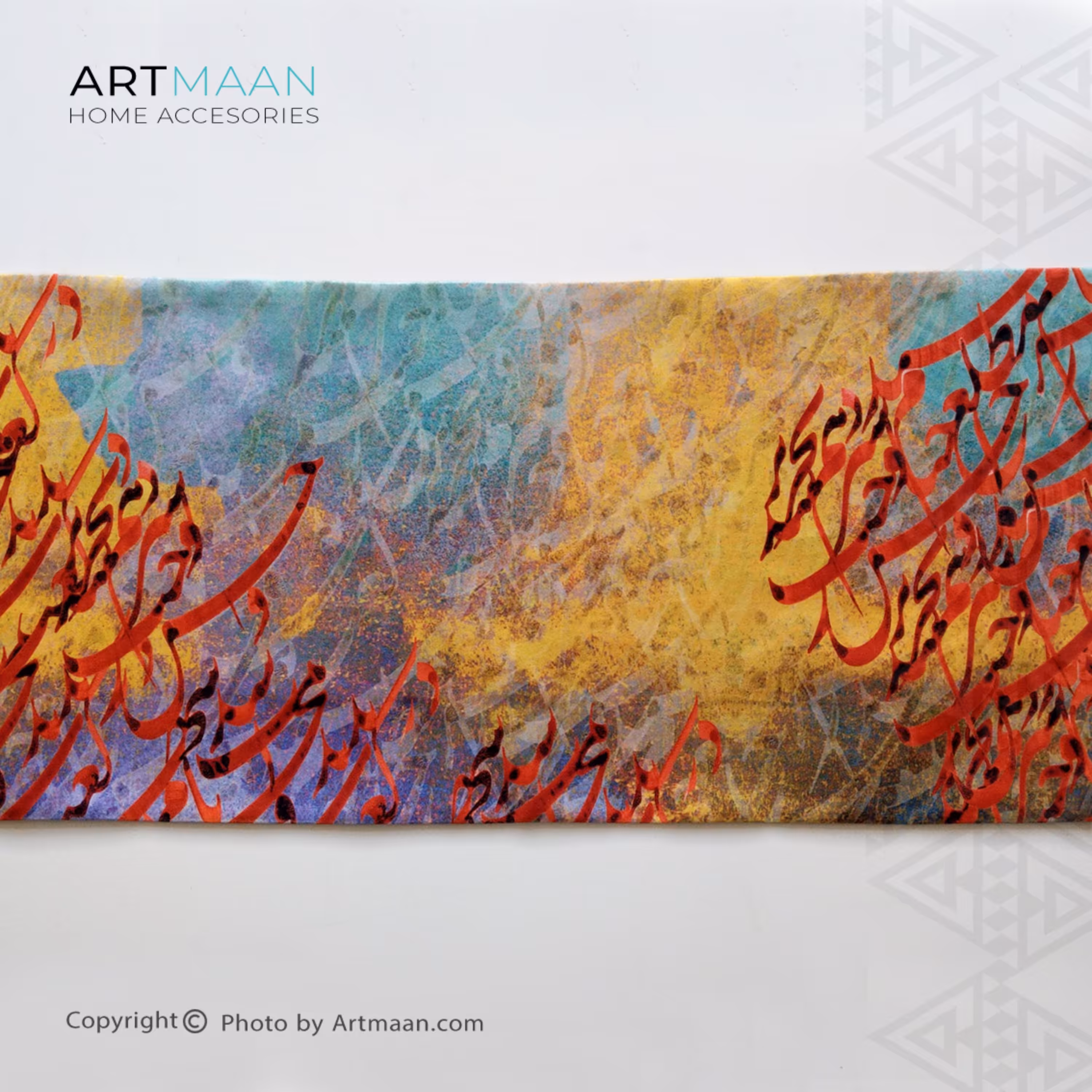 رانر مخمل آستر دار طرح کالیگرافی آبرنگی قرمز ( سایز 35.105 ) منگوله دار