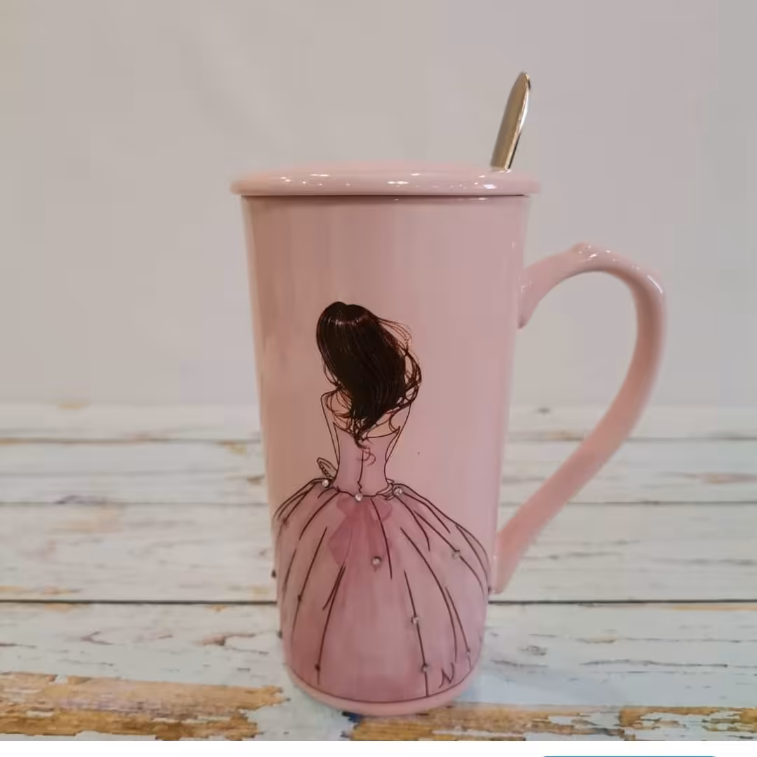 ماگ سرامیکی پرنسس عروس  با درب و قاشق استیل  کیفیت عالی با نگین 